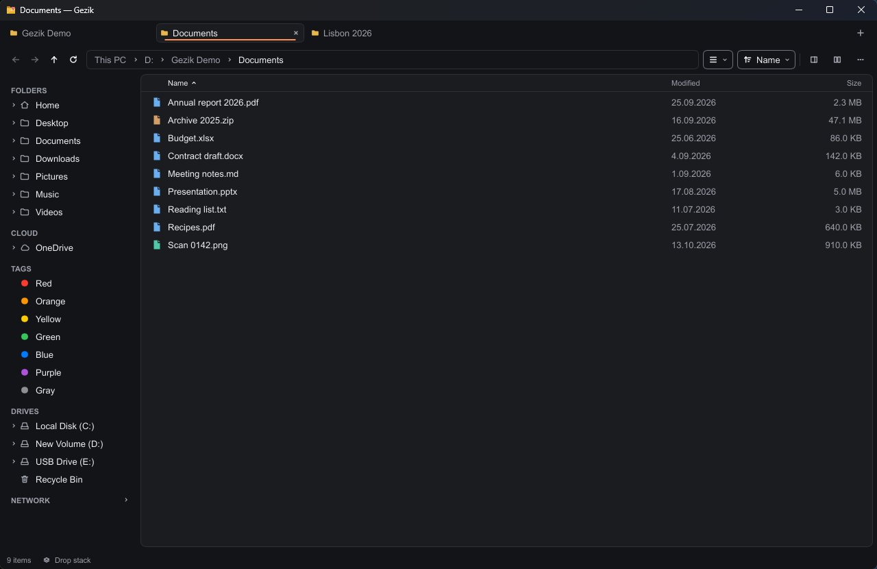 Gezik in its dark theme, listing the same folder